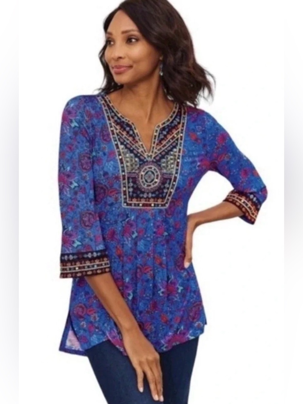 Soft Surroundings Tamuri tunic top blouse boho bohemian beaded embroidered L